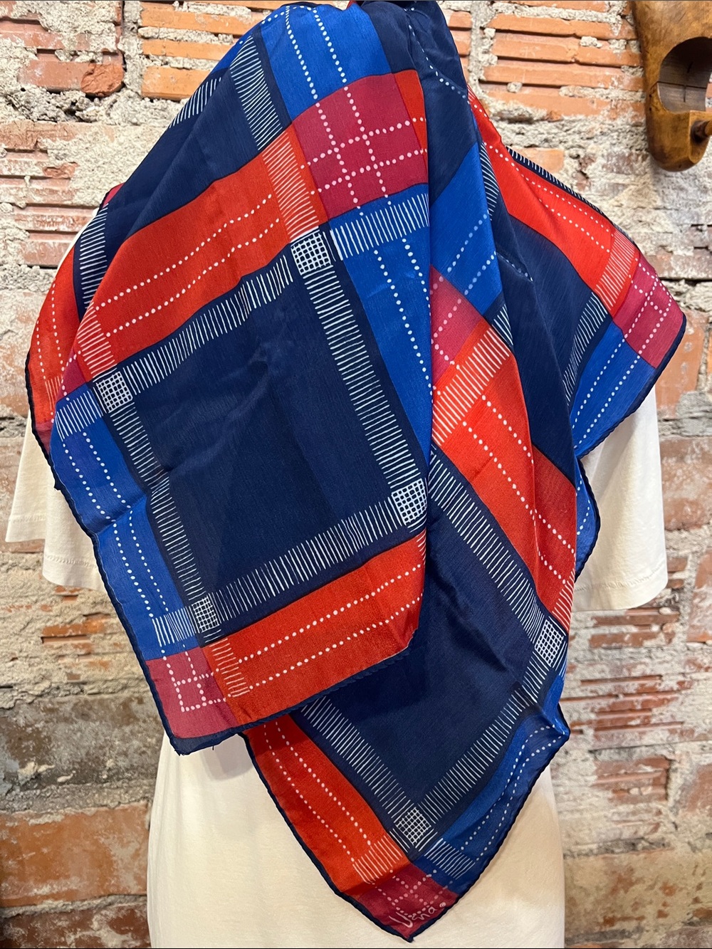 Vintage Vera Neumann Navy, Royal Blue & Red Plaid 30” hand rolled  Square Scarf